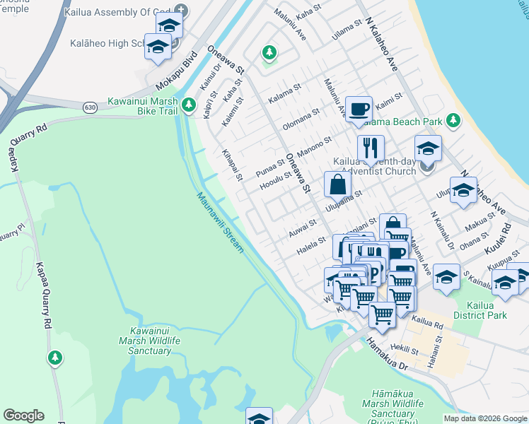 map of restaurants, bars, coffee shops, grocery stores, and more near 452 Puako Way in Kailua