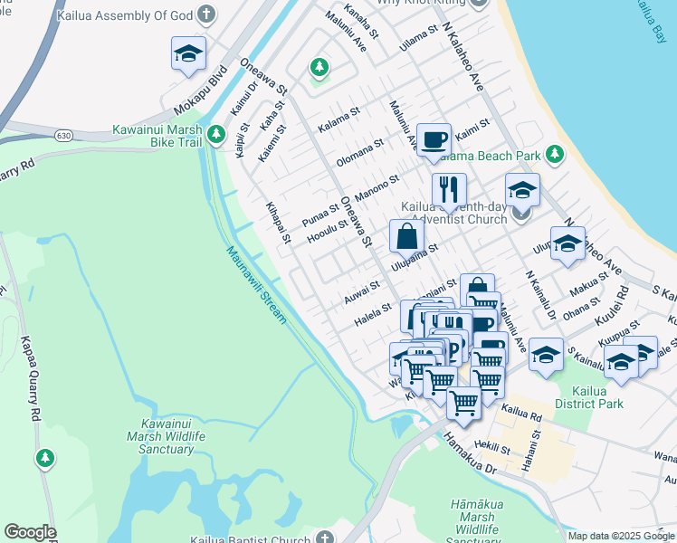 map of restaurants, bars, coffee shops, grocery stores, and more near 602 Kuaaina Way in Kailua