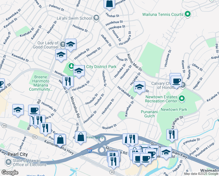 map of restaurants, bars, coffee shops, grocery stores, and more near Hoʻoiki Street in Pearl City