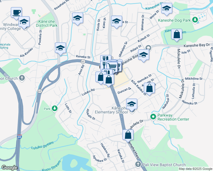 map of restaurants, bars, coffee shops, grocery stores, and more near 45-582 Kamehameha Highway in Kaneohe
