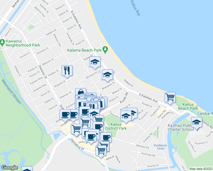map of restaurants, bars, coffee shops, grocery stores, and more near 166a Makawao Street in Kailua