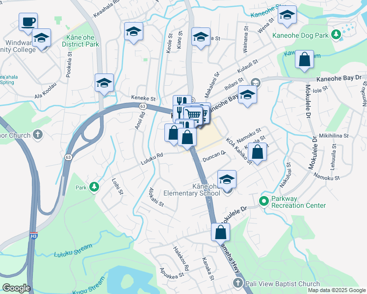 map of restaurants, bars, coffee shops, grocery stores, and more near 45-582 Kamehameha Highway in Kaneohe