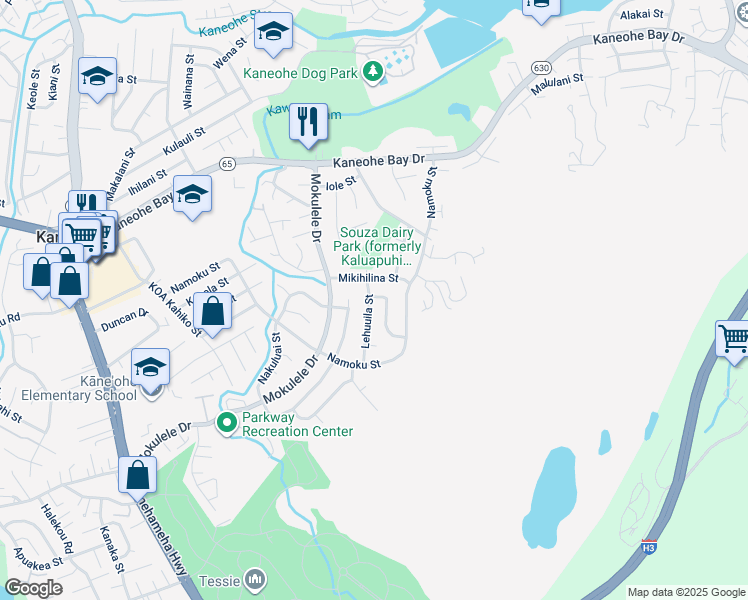 map of restaurants, bars, coffee shops, grocery stores, and more near 45-316 Lehuuila Street in Kaneohe