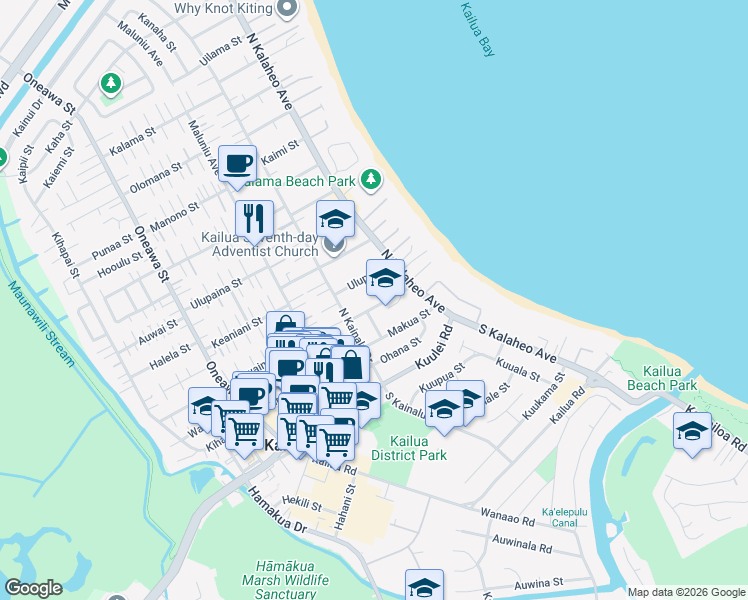 map of restaurants, bars, coffee shops, grocery stores, and more near 158 Makawao Street in Kailua