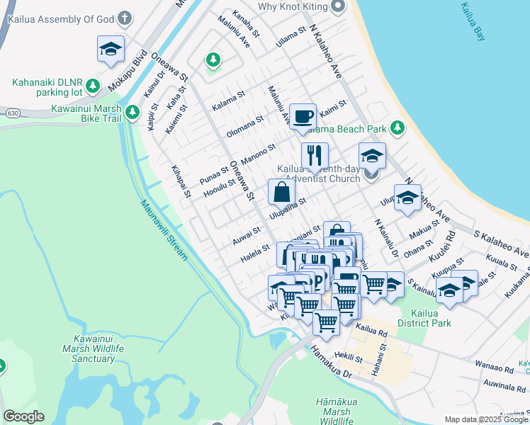 map of restaurants, bars, coffee shops, grocery stores, and more near 410 Oneawa Street in Kailua