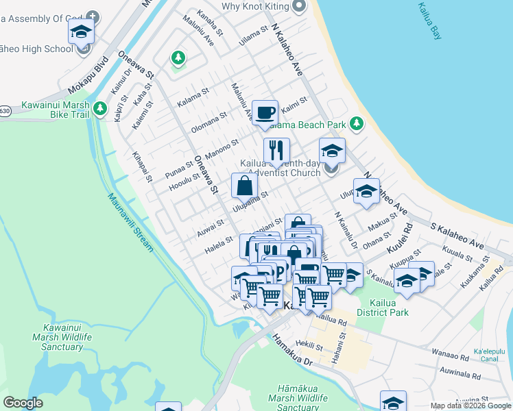 map of restaurants, bars, coffee shops, grocery stores, and more near 413 Ulupaina Street in Kailua