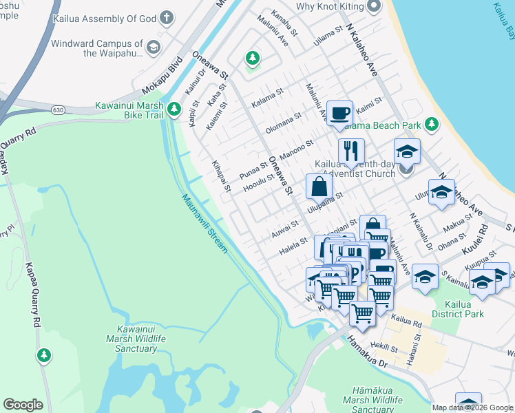 map of restaurants, bars, coffee shops, grocery stores, and more near 452 Puako Way in Kailua