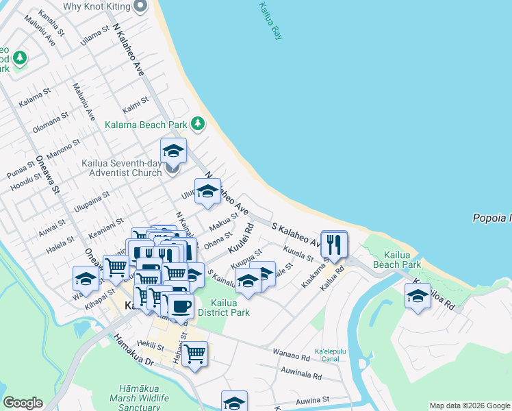 map of restaurants, bars, coffee shops, grocery stores, and more near 52 Kaapuni Drive in Kailua