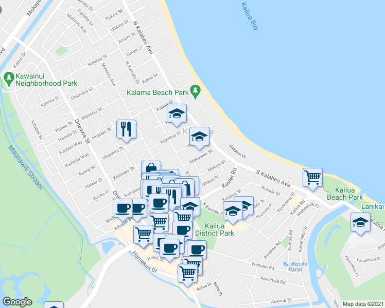 map of restaurants, bars, coffee shops, grocery stores, and more near 166a Makawao Street in Kailua