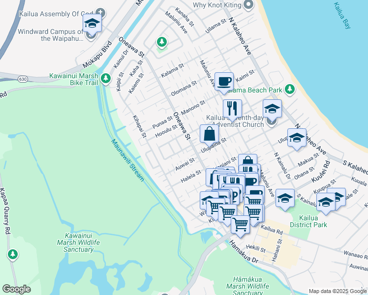 map of restaurants, bars, coffee shops, grocery stores, and more near 522 Kuaaina Way in Kailua