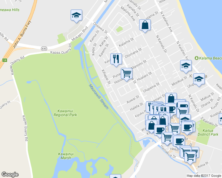 map of restaurants, bars, coffee shops, grocery stores, and more near 503 Kihapai Street in Kailua