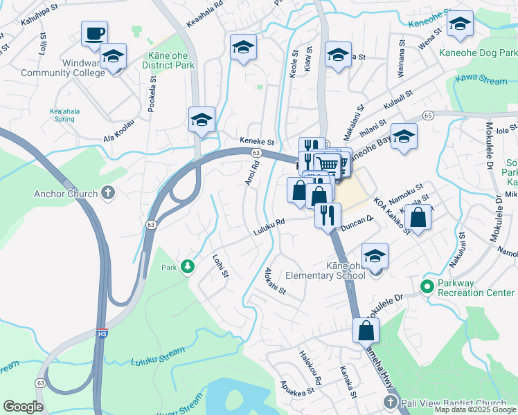 map of restaurants, bars, coffee shops, grocery stores, and more near 45-621 Uhilehua Street in Kaneohe