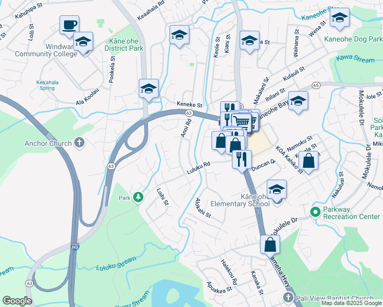 map of restaurants, bars, coffee shops, grocery stores, and more near 45-621 Uhilehua Street in Kaneohe