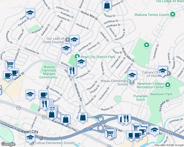 map of restaurants, bars, coffee shops, grocery stores, and more near 1512A Hoomoe Place in Pearl City