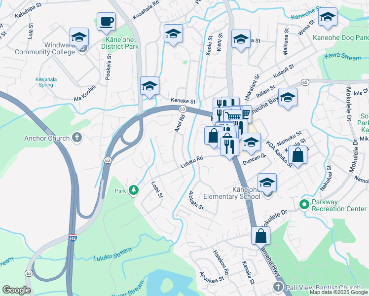 map of restaurants, bars, coffee shops, grocery stores, and more near 45-621 Uhilehua Street in Kaneohe