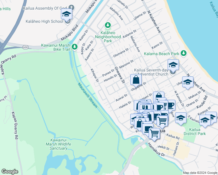 map of restaurants, bars, coffee shops, grocery stores, and more near 615 Kaulani Way in Kailua