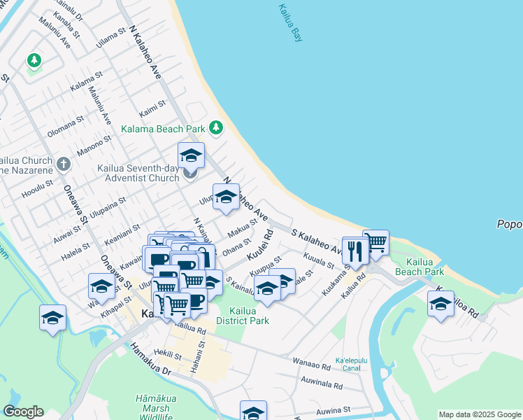 map of restaurants, bars, coffee shops, grocery stores, and more near 36 North Kalaheo Avenue in Kailua