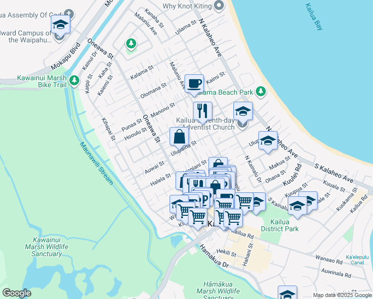 map of restaurants, bars, coffee shops, grocery stores, and more near 413 Ulupaina Street in Kailua