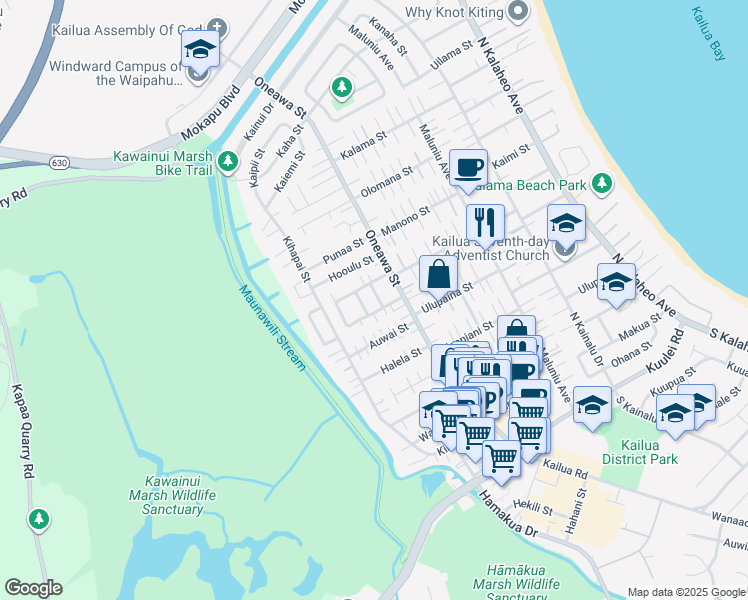 map of restaurants, bars, coffee shops, grocery stores, and more near 522 Kuaaina Way in Kailua