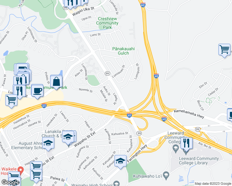 map of restaurants, bars, coffee shops, grocery stores, and more near 94-1044 Lelehu Street in Waipahu
