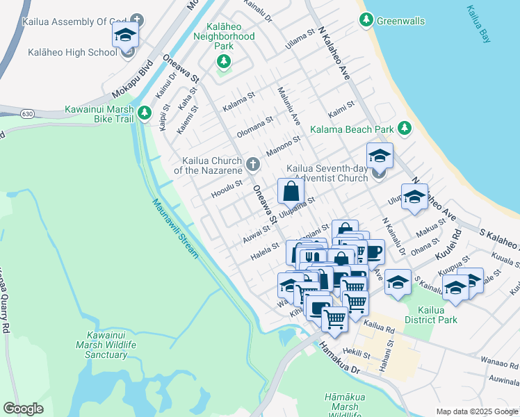 map of restaurants, bars, coffee shops, grocery stores, and more near 508 Kuaaina Way in Kailua
