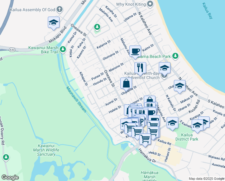 map of restaurants, bars, coffee shops, grocery stores, and more near 508 Kuaaina Way in Kailua