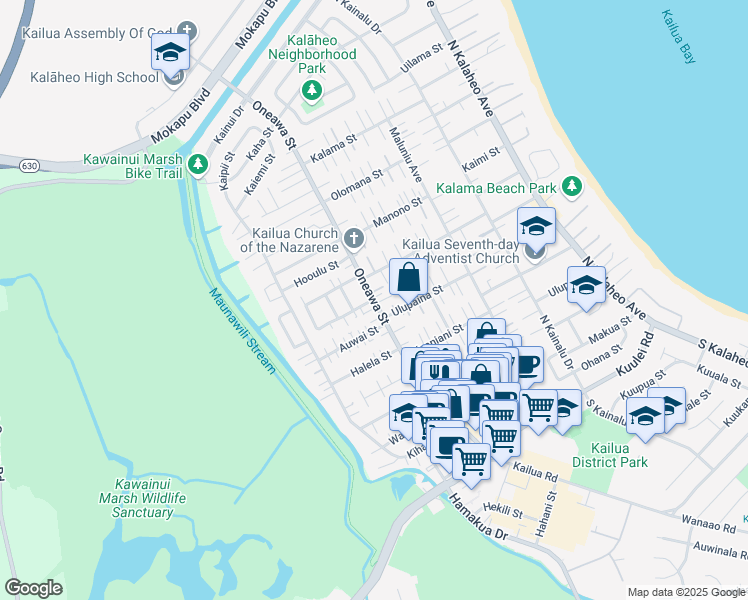 map of restaurants, bars, coffee shops, grocery stores, and more near 501 Kuaaina Way in Kailua