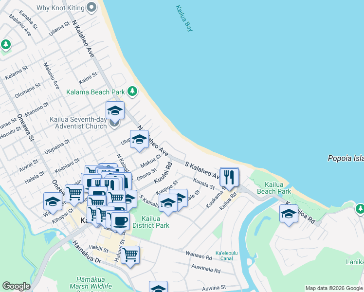 map of restaurants, bars, coffee shops, grocery stores, and more near 52 Kaapuni Drive in Kailua
