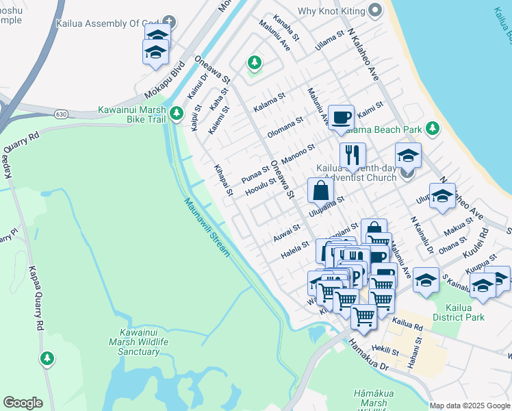map of restaurants, bars, coffee shops, grocery stores, and more near 452 Puako Way in Kailua