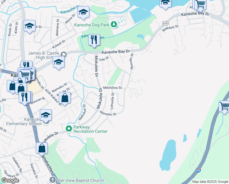 map of restaurants, bars, coffee shops, grocery stores, and more near 45-316 Lehuuila Street in Kaneohe