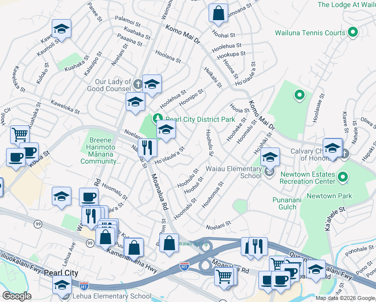 map of restaurants, bars, coffee shops, grocery stores, and more near 1512A Hoomoe Place in Pearl City