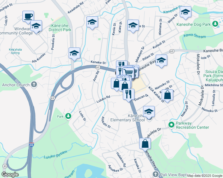 map of restaurants, bars, coffee shops, grocery stores, and more near 45-535 Luluku Road in Kaneohe