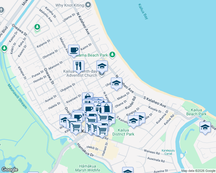 map of restaurants, bars, coffee shops, grocery stores, and more near 165 Ulupa Street in Kailua