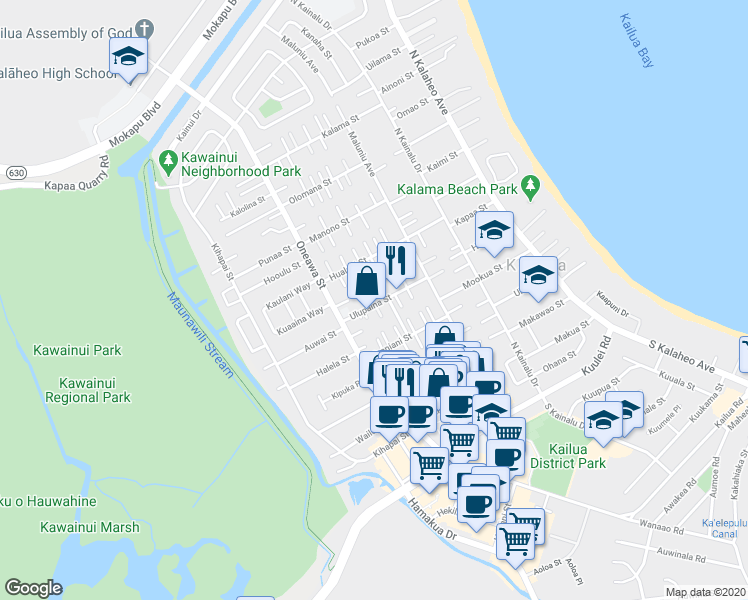 map of restaurants, bars, coffee shops, grocery stores, and more near 413 Ulupaina Street in Kailua