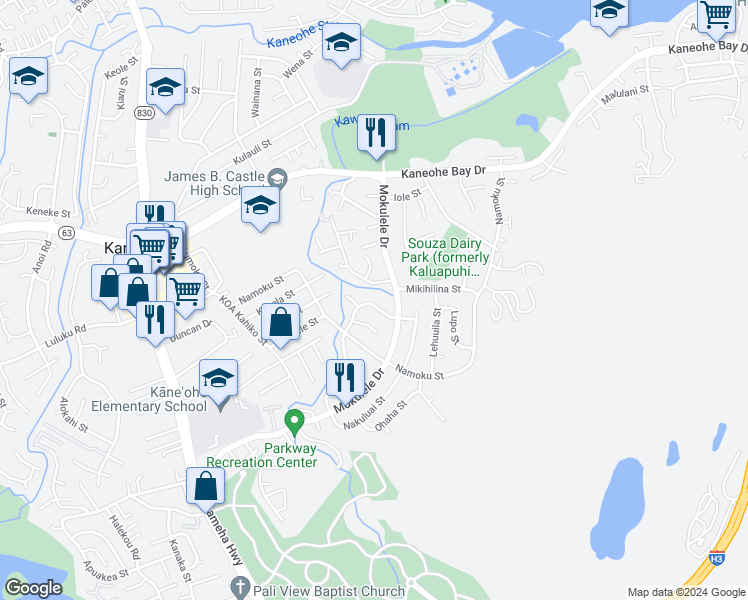 map of restaurants, bars, coffee shops, grocery stores, and more near 45-219 Nakuluai Street in Kaneohe