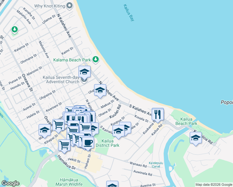 map of restaurants, bars, coffee shops, grocery stores, and more near 36 North Kalaheo Avenue in Kailua