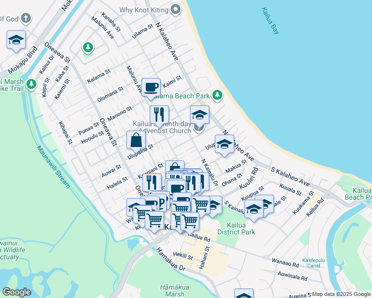 map of restaurants, bars, coffee shops, grocery stores, and more near 308 Maluniu Avenue in Kailua