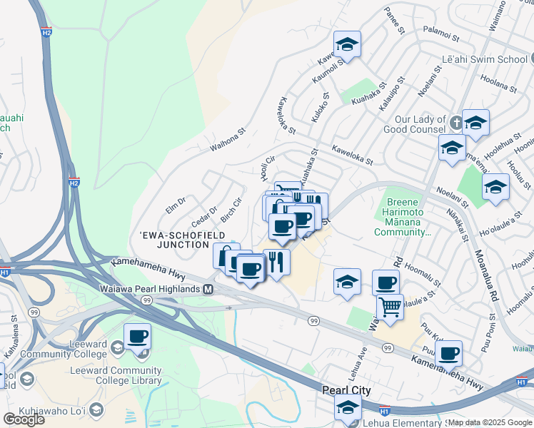 map of restaurants, bars, coffee shops, grocery stores, and more near 1345 Kipaipai Street in Pearl City
