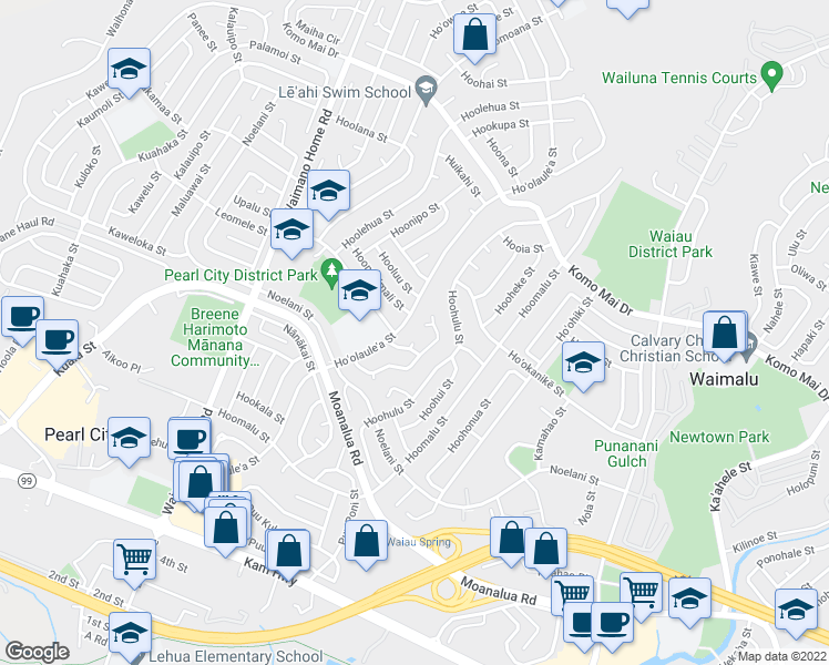map of restaurants, bars, coffee shops, grocery stores, and more near 1512A Hoomoe Place in Pearl City