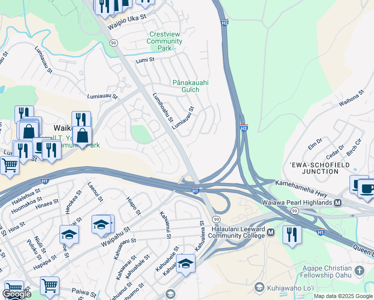 map of restaurants, bars, coffee shops, grocery stores, and more near 94-1044 Lelehu Street in Waipahu