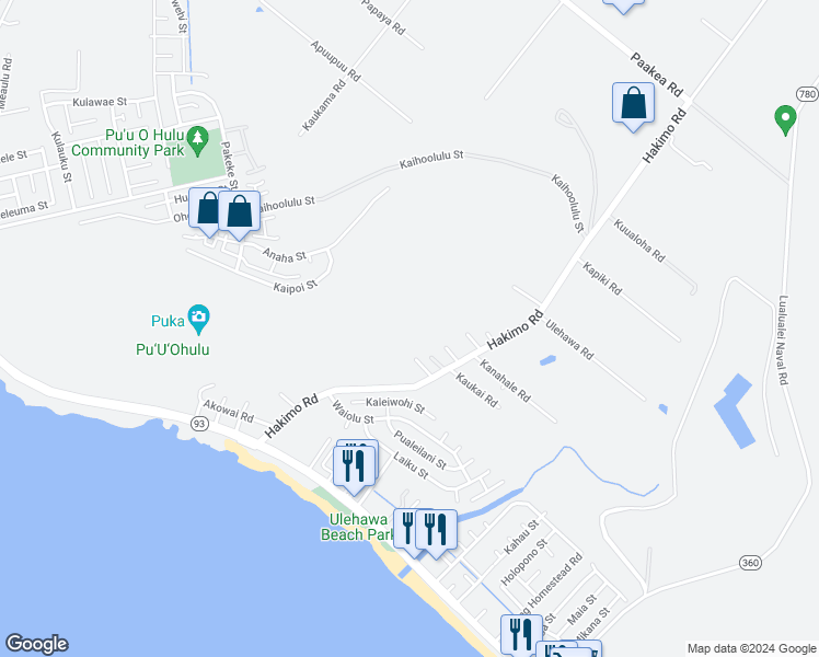 map of restaurants, bars, coffee shops, grocery stores, and more near 87-382 Hakimo Road in Waianae