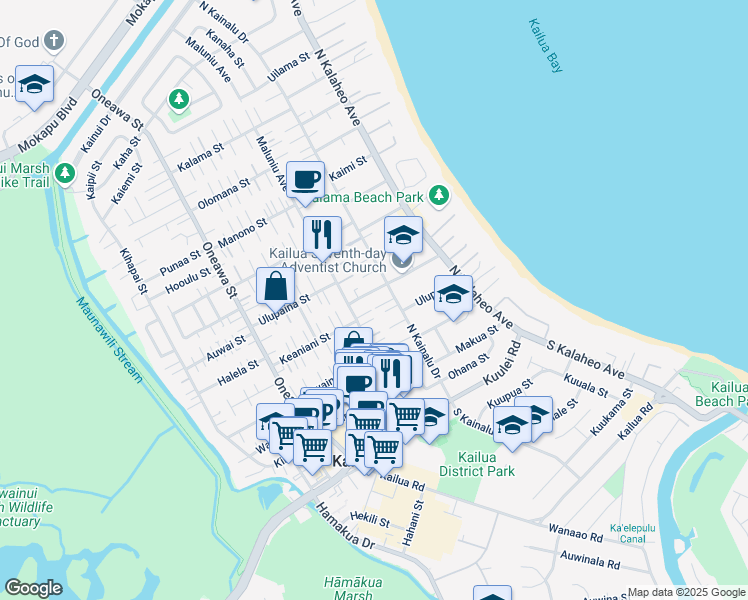 map of restaurants, bars, coffee shops, grocery stores, and more near 308 Maluniu Avenue in Kailua