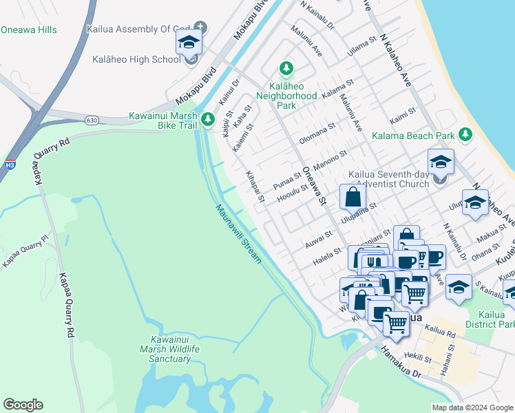 map of restaurants, bars, coffee shops, grocery stores, and more near 503 Kihapai Street in Kailua