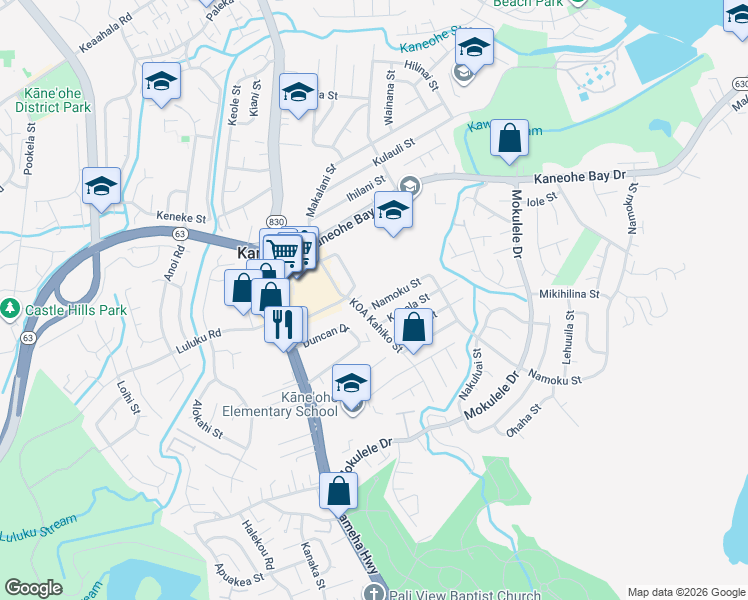 map of restaurants, bars, coffee shops, grocery stores, and more near 45-363 Namoku Street in Kaneohe