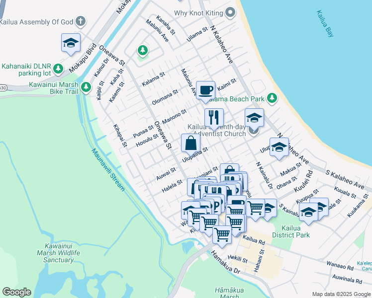map of restaurants, bars, coffee shops, grocery stores, and more near 410 Oneawa Street in Kailua