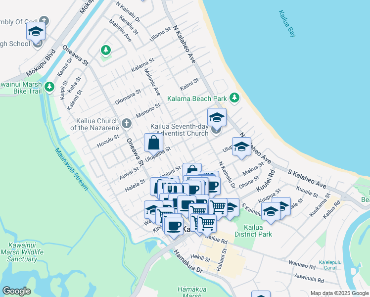 map of restaurants, bars, coffee shops, grocery stores, and more near 328 Keaniani Street in Kailua