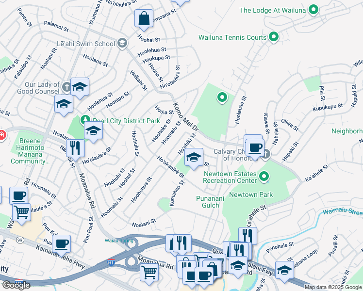 map of restaurants, bars, coffee shops, grocery stores, and more near 98-1482 Hoohiki Street in Pearl City