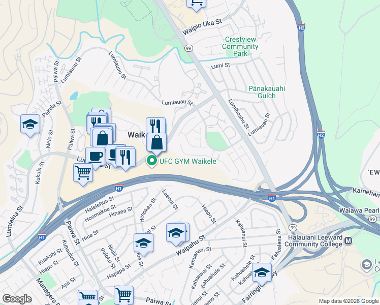 map of restaurants, bars, coffee shops, grocery stores, and more near 94-1038 Nawele Street in Waipahu