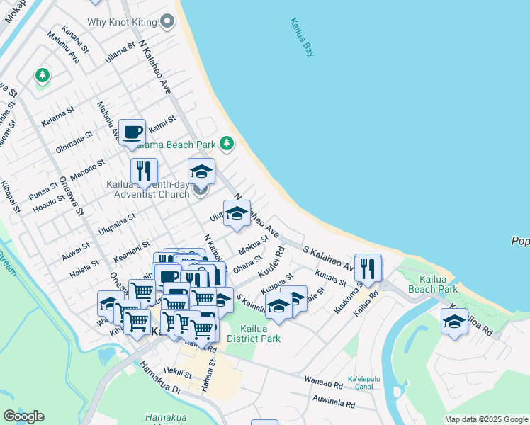 map of restaurants, bars, coffee shops, grocery stores, and more near 110C North Kalaheo Avenue in Kailua