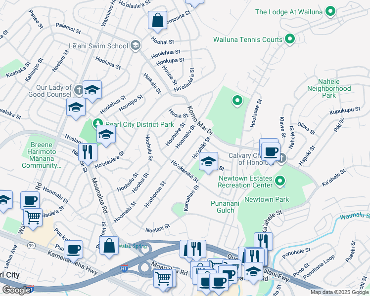 map of restaurants, bars, coffee shops, grocery stores, and more near 202 Hoomalu Street in Pearl City